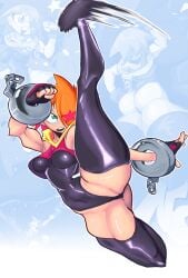 abstract_background action_pose arora_borry_alis bracelet female fingerless_gloves fist gang_x_race ginger ginger_hair green_eyes kicking latex latex_clothing latex_thighhighs leg_up manacles muscular muscular_female shiny_clothes skintight skintight_bodysuit star_(symbol) thick_thighs thighhighs wriizzyarts