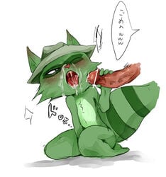 anthro blush cum cum_in_mouth cum_inside cum_leaking cum_on_face cum_on_tongue disembodied_penis drooling fur furry glans green_fur handjob happy_tree_friends hat humanoid_penis male mammal one_eye_closed open_mouth penis raccoon saliva shifty shifty_(htf) simple_background sitting speech_bubble striped_tail stripes text tongue translation_request unknown_artist vein veiny_penis white_background yaoi