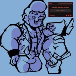 artist_name ashamed avian avian_humanoid belly big_and_small big_bulge blush_lines brawl_stars bulge_under_clothes bull_(brawl_stars) crow_(brawl_stars) hand_on_wall jacket looking_at_partner male male/male male_only musclegut muscular muscular_anthro muscular_male no_sex sexual_tension sketch somehornydud3 standing tail undershirt