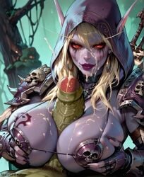 ai_generated blonde_hair boobjob breasts cum cum_on_face cumshot elf female green_skin horde_domination horde_tattoo huge_breasts huge_cock interspecies nomisai orc orc_(warcraft) orc_male paizuri penis red_eyes runny_mascara self_upload stable_diffusion sylvanas_windrunner warcraft world_of_warcraft