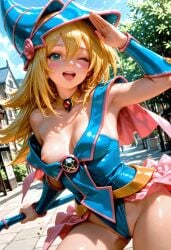 1girls ai_generated blonde_hair blush breasts cameltoe cleavage clumsy dark_magician_girl female_focus female_only grin happy hat headgear holding_object holding_staff labia loose_clothes magical_girl makeup necklace nipple_slip nipples outdoors public pussy pussy_outline salute skirt_lift smile wink yu-gi-oh!