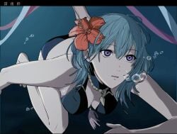 1girls adapted_costume air_bubble alluring alternate_costume amikoiiko aqua_hair armlet ass big_breasts bikini black_bikini breasts bubble byleth_(fire_emblem) byleth_(fire_emblem)_(female) byleth_(summer)_(fire_emblem)_(female) cleavage collarbone commentary_request facing_to_the_side female fingernails fire_emblem fire_emblem:_three_houses fire_emblem_heroes flower full_body hair_between_eyes hair_flower hair_ornament hibiscus high_res intelligent_systems jewelry medium_hair necklace nintendo official_alternate_costume purple_eyes red_flower seaweed short_hair shorts sideboob solo swimsuit tassel tassel_necklace teal_hair tokyo_jihen translation_request underwater