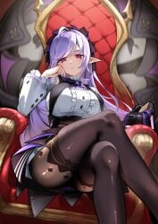 absurdres ahoge ascot black_nails black_pantyhose black_shoes breasts center_frills closed_mouth crossed_legs dioscoreae031 dress drill_hair elbow_rest female frills gem high_heels highres large_breasts long_hair long_sleeves looking_at_viewer multicolored_hair pantyhose pointy_ears purple_ascot purple_gemstone purple_hair red_eyes shoes shrug_(clothing) sitting sitting_on_throne solo thick_thighs thighs throne unworn_shoes vivian_banshee white_dress white_hair white_shrug zenless_zone_zero