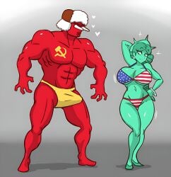 1boy 1girls :v abs american_flag_bikini arm_behind_head arm_over_head big_boobs big_breasts boobs bracelet bulge copper_skin countryhumans curvy curvy_body curvy_female curvy_figure erection erection_under_clothes eyelashes eyelashes_visible_through_hair female flirting grey_background hammer_and_sickle hammer_and_sickle_tattoo heart_symbol humanoid long_ponytail looking_over_shoulder male muscular muscular_male pitching_a_tent ponytail red_skin santiago951 showing_off soviet_union speedo statue_of_liberty tagme thick_thighs turquoise_skin ushanka wide_hipped_female wide_hips yellow_speedo