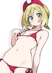 1girls 2d 2d_(artwork) alternate_costume bangs belly belly_button bikini blonde_hair blue_eyes blush closed_mouth clothed clothes clothing collarbone cute double-parted_bangs drop_shadow ecgg_(tsuji418477) expressionless female flat_belly from_below hat headwear hourglass_figure human irida_(pokemon) light-skinned_female light_skin looking_at_viewer medium_hair micro_bikini navel neutral_expression nintendo pale-skinned_female pale_skin pokemon pokemon_legends:_arceus red_bikini red_hat red_headwear red_swimsuit shaved_crotch side-tie_bikini side-tie_bikini_bottom simple_background slim_waist small_breasts solo standing stomach straight_hair sweet swimsuit tied_hair underboob upper_body viewed_from_below white_background wide_hips