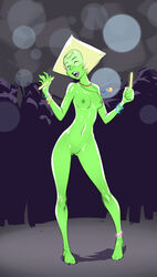 anklet barefoot blonde_hair bracelet breasts closed_eyes female forehead_jewel gem_(species) glowing green_skin izra navel neck_ring nude open_mouth peridot_(steven_universe) pussy rave smile solo_focus standing steven_universe visor