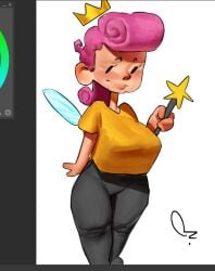 2024 beady_eyes black_leggings blush breasts clothed crown extinctyellow eyelashes fairy fairy_wings female female_only huge_breasts leggings light-skinned_female light_skin magic_wand nickelodeon paramount_pictures pink_hair simple_background solo solo_female the_fairly_oddparents thick_thighs viacom wanda_fairywinkle-cosma watermark white_background wide_hips yellow_shirt