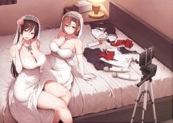 2girls bed breasts camera female large_breasts manga_cover on_bed original serafuku sex_toy tachibana_omina wedding_dress