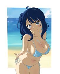 1girls alternate_hairstyle arms_behind_back big_breasts bikini blue_bikini blue_eyes blue_hair blush breasts bursting_breasts busty cleavage female female_only highres large_breasts legs make_heroine_ga_oo_sugiru! medium_hair navel ponytail pose posing side-tie_bikini_bottom sideboob smile solo swimsuit thighs tongue tongue_out voluptuous yanami_anna