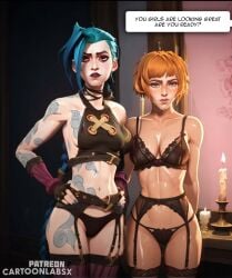 ai_generated arcane arcane_jinx blue_hair caption caption_box captioned cartoon duo_female embarrassed humiliation jinx_(league_of_legends) lingerie lingerie_bra lingerie_only lingerie_panties petite petite_body petite_female sequence text text_box text_bubble words