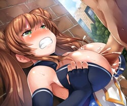 1boy 1girls angry angry_paizuri areolae belko black_gloves blush breast_squeeze breasts brick_wall brown_hair censored cleavage clenched_teeth cloud cum cum_bridge cum_on_body cum_on_breasts cum_on_upper_body cum_string double_bun ejaculation ejaculation_between_breasts elbow_gloves female gloves green_eyes highres kanpani_girls large_breasts leifang_law long_hair mosaic_censoring nose_blush outdoors paizuri penis perpendicular_paizuri shaun_(fallenicons) sidelocks solo_focus straight sweat teeth tied_hair tree twintails