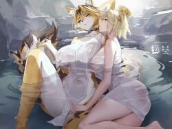 2girls animal_ears arm_up armpits blonde_hair blush breasts burnice_white closed_mouth furry green_eyes interspecies large_breasts looking_at_another multiple_girls onsen parted_lips partially_submerged pulchra_fellini red_eyes shadow_cat shadow_cat_(yingmiao) short_hair sitting tail thighs towel two_side_up water wet yuri zenless_zone_zero