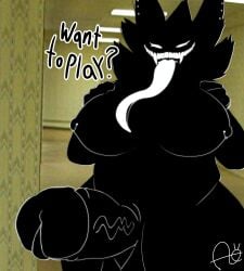 2025 absurd_res aimskull anthro ass backrooms_creature big_penis black_body breasts canid canine detailed_background digital_media_(artwork) ear_piercing genitals glowing glowing_eyes hair hi_res huge_cock intersex karelia_(ace_rattman) looking_at_viewer mammal monster nipple_piercing nipples penis piercing signature size_difference smile smiler_(the_backrooms) solo teeth text the_backrooms thick_thighs wide_hips