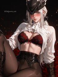 1female 1girls 2025 ai_assisted ai_generated anime background bloodborne blush blush blush_lines blushing_at_viewer blushing_female bra bra_peek breasts collar female female female_focus female_only fromsoftware green_eyes lace-trimmed_bra lady_maria_of_the_astral_clocktower lingerie lingerie_bra looking_at_partner looking_at_viewer nipples pantyhose ponytail pose posing posing_for_picture posing_for_the_viewer shirt shirt_up sign smile smiling smiling_at_partner smiling_at_viewer tagme tricorne uncensored video_game video_game_character video_game_franchise video_games white_hair