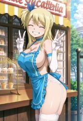 1girls ^_^ ai_generated apron bangs bare_shoulders blonde_hair blue_apron blue_choker blue_sky cafe choker cleavage closed_eyes cloud confectionery counter cowboy_shot day daytime double_v elbow_gloves facing_viewer fairy_tail female_only flower_pot garter_straps gloves grin large_breasts long_hair lucy_heartfilia no_bra one_side_up outdoors outside plant_pot potted_plant revealing_clothes sideboob skindentation smile solo standing stockings teeth thighhighs white_elbow_gloves white_gloves white_legwear white_stockings white_thighhighs