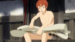 arms french fully_naked_male fully_nude fully_nude_male ginger ginger_hair green_eyes handsome hut joseph_(junketsu_no_maria) junketsu_no_maria man message messenger_bag muscles nude nude_male penis shed shoulders sitting sword sword_sheath topless topless_male torso wooden_floor wooden_house young_man