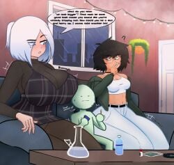 2girls between_thighs blue_eyes breast_expansion giantess_growth growth growth_lines huge_breasts juhbuhyuh mini_giantess oblivious pressed_together smoking thick_thighs thigh_expansion unaware weed white_hair