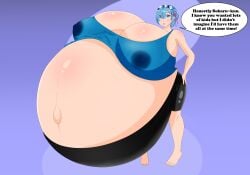 2019 alternate_breast_size belly_bigger_than_body blue_eyes blue_hair breasts_bigger_than_head breasts_bigger_than_torso compression_shorts english_text gigantic_belly gigantic_breasts hair_between_eyes hairband hyper hyper_breasts hyper_pregnancy lactation pregnant pregnant_female re:zero_kara_hajimeru_isekai_seikatsu rem_(re:zero) round_belly short_hair simple_background skindentation standing tank_top text timaeus