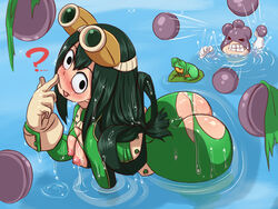1boy 1girls ass ass_focus big_ass big_butt blush bottom_heavy bottomless breasts bubble_ass bubble_butt butt_focus clothing female frog frog_girl gloves going_commando green_hair hero_outfit_(mha) kibazoku large_ass long_hair looking_at_viewer male medium_breasts minoru_mineta my_hero_academia nipples no_panties shiny_skin shounen_jump sweat teenager thick_ass tongue torn_clothes torn_panties tsuyu_asui water wet
