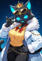 1girls ai_generated anthro black_body black_fur blue_eyes breasts cat cat_ears cat_tail catgirl clothed crown dark_skin felid feline fully_clothed fur fur-trimmed_jacket furry glowing_eyes glowing_mouth gold_(metal) gold_chain gold_jewelry gold_sunglasses hips hourglass_figure maxwelllink open_mouth ring solo sunglasses sunglasses_on_forehead sunglasses_on_head thighs wide_hips