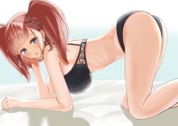 1girls ass atlanta_(kantai_collection) black_bra black_panties blush bra breasts brown_hair commentary_request earrings from_side grey_eyes highres jewelry kantai_collection large_breasts long_hair looking_at_viewer open_mouth panties single_earring solo star_(symbol) star_earrings two_side_up underwear underwear_only zuki