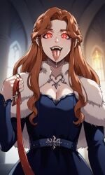 1girls ai_generated bigmic145 blue_dress braid breasts cape castlevania castlevania_(netflix) dressfur_trim fangs hair_ornament leash leashed_pov lenore_(castlevania) lips long_hair long_tongue medium_breasts orange_hair petplay vampire vampire_girl wavy_hair