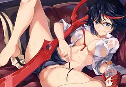 barefoot black_hair black_panties blue_eyes bottle breasts chinanime couch erect_nipples female highlights kill_la_kill large_breasts looking_at_viewer matoi_ryuuko multicolored_hair naughty_face no_bra no_pants open_clothes open_shirt panties scissor_blade see-through shirt short_hair side-tie_panties single_glove smile solo spread_legs underwear untied untied_panties water_bottle weapon wet wet_clothes