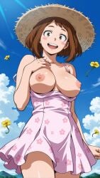 ai_generated areolae breasts breasts_out brown_eyes brown_hair dress dress_down exposed_breasts exposed_nipples female flashing_breasts flowers looking_at_viewer looking_happy may_rain medium_breasts my_hero_academia nipples no_bra ochako_uraraka pink_dress showing_breasts showing_off solo solo_female solo_focus straw_hat