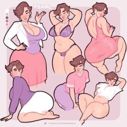 bbw big_breasts bra brown_hair coat crop_top dress evening_gown female kneeling large_breasts lingerie risquedraws shirt skirt thong