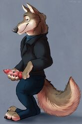 1boy 2016 anatomically_correct animal_genitalia animal_penis anthro canine canine_penis clothed clothing disney erection fur holding_penis knot larry_(zootopia) looking_at_viewer male male_only mammal marjani masturbation penis simple_background smile solo wolf zootopia