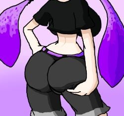 ass ass_focus ass_grab belt belt_buckle big_ass big_breasts big_butt big_hips black_jeans black_pants black_shirt breasts clothed clothing fucost fully_clothed grabbing grabbing_own_ass gray_pants hips huge_ass huge_breasts huge_butt huge_hips inkling inkling_girl jeans original_character pink_background pink_hair recreation short_jeans short_shirt simple_background splatoon tentacle tentacle_hair white_background white_skin white_skinned_female