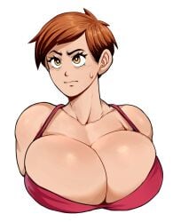 1girls barely_contained_breasts big_breasts breasts_bigger_than_head brown_hair detnox female_focus huge_breasts light-skinned_female looking_up short_hair solo solo_female sports_bra sweat tagme tomboy yellow_eyes