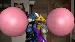 16:9 2018 3d accessory anthro armwear bandai_namco black_sclera blowing_bubble_gum blue_body blue_eyes blue_fur blue_hair blue_tail bodysuit breasts bridal_gauntlets bubble bubble_gum candy canid canine clothing crossover dessert digimon digimon_(species) digital_media_(artwork) duo female food fox fur fur_markings furniture gloves green_eyes gum handwear headband inflating jewelry krystal krystal_(star_fox) lamp looking_at_viewer mammal markings mommyosha multicolored_body multicolored_fur nintendo nipples nude one_eye_closed renamon silver_(metal) silver_jewelry skinsuit spacesuit star_fox tail tight_clothing tribal tribal_jewelry warfare_krystal warfare_machine warfare_renamon widescreen yellow_body yellow_fur yin_yang