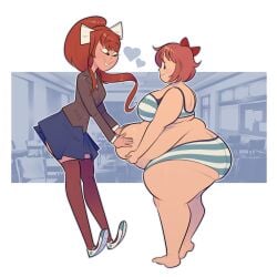 2girls ass ass_cleavage belly belly_grab belly_grope belly_overhang bikini_bottom bikini_top butt_crack chubby chubby_female doki_doki_literature_club embarrassed embarrassed_female fat fat_ass fat_girl heart implied_lesbian large_ass large_breasts looking_at_another monika_(doki_doki_literature_club) on_heels overweight overweight_female ridiculouscake sayori_(doki_doki_literature_club) simple_background smile swimwear thick_thighs thighs