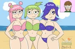 1boy 2025 3girls ami_onuki artist_name beach bikini cartoon_network deviantart deviantart_link deviantart_username evil_smile female flower_in_hair green_bikini green_eyes green_hair hi_hi_puffy_amiyumi julie_hinikawa male pink_bikini pink_eyes pink_hair punk_girl purple_bikini purple_eyes purple_hair surprised warner_brothers yumi_yoshimura