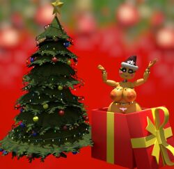 3d 3d_(artwork) big_breasts christmas christmas_clothing christmas_hat christmas_lights christmas_outfit christmas_present christmas_tree douod five_nights_at_freddy's fnaf nipple_piercing nipples smiling smiling_at_viewer tagme thick_thighs toy_chica_(fnaf) wink winking_at_viewer