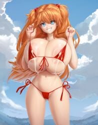 1girls alternate_breast_size areolae asuka_langley_sohryu bikini blue_eyes breasts female female_only huge_breasts lactation long_hair micro_bikini mystical neon_genesis_evangelion nipples outdoors plantpenetrator smile solo solo_female