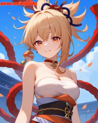 1girls ai_generated artifical_art blonde_female blonde_hair genshin_impact girl hair_ornament medium_hair orange_eyes perfect_body red_choker yoimiya_(genshin_impact)