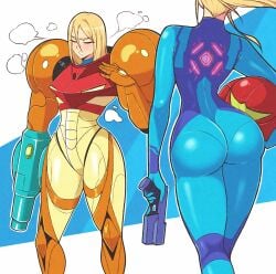 1girls annoyed gun jeffmiga jump_suit metroid pawg samus_aran silly_whore solo solo_female solo_focus weapon zero_suit_samus