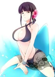 bare_arms bare_belly bare_legs bare_shoulders bare_thighs belly_button big_breasts bikini bleach blue_eyes breasts cleavage closed_mouth collarbone feet flower_in_hair inflatable_toy kurotsuchi_nemu ponytail purple_bikini purple_hair ronisuke sandals thighs toes