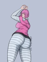 ass ass_focus female female_only from_behind hot_pants_(jjba) jojo's_bizarre_adventure looking_at_viewer pink_eyes pink_hair purple_lipstick steel_ball_run thick_thighs watermark white_pants