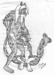 2009 anthro anthro_on_anthro balls duo erection eyewear feline handjob licking lobozamora male mammal monochrome nude oral penis penis_lick piercing precum ring sex tongue tongue_out traditional_media_(artwork) yaoi