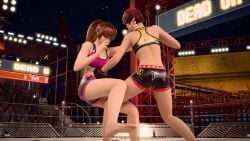 2girls 3d breasts catfight dead_or_alive female female_only fight fighting_ring kasumi_(doa) l mila_(doa) nodern03 punch punching ryona sports_bra sports_uniform wrestling yuri