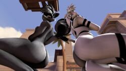 3d_(artwork) anthro asriel_dreemurr ass big_butt black_markings black_sclera black_spots bovid breasts caprine covering covering_breasts covering_self crouching digital_media_(artwork) domizoni duo female feminization fur goat grey_body grey_fur grey_hair hair horn looking_at_viewer low-angle_view mammal markings orange_eyes outside palm_tree plant procyonid raccoon showing_teeth sitting sly_cooper sly_cooper_(series) smile smiling_at_viewer sony_corporation sony_interactive_entertainment spots sucker_punch_productions team_fortress_2 teeth tree undertale undertale_(series) valve white_body white_eyes white_fur white_hair