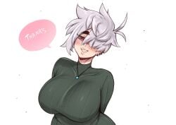 1girl 1girls aunt aunt_hellen_(insouwu) big_breasts blush blushing boobs breasts collar dyed-hair dyed_hair ear_piercing ear_piercings earring earrings eyebags fang hag insouwu massive_breasts mature mature_female milf oc original_character red_eyes short_hair smile sweater text text_bubble tomboy tomboy_milf white_body white_hair white_skin