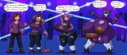 anthro bear_girl bottomless breast_expansion breast_grab breasts brown_hair color dark_skin dialogue dj_bop_(fortnite) english_text femsub fortnite furry futanari futasub glasses happy_trance headphones hyper_breasts leg_warmers leggings long_hair miniskirt nipples nude one_eye_open penis prinnydood purple_hair purple_skin short_hair tagme text topless transformation transformation_sequence