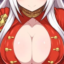 1girls ai_generated alternate_breast_size big_breasts breast_focus breasts chest cleavage close-up edelgard_von_hresvelg female fire_emblem fire_emblem:_three_houses huge_breasts large_breasts mullon novelai solo white_hair