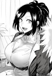 aged_up big_breasts black_and_white bleach breasts cleavage collarbone daraz18aka high_ponytail ichigo_kurosaki indoors kurosaki_karin medium_hair open_mouth sitting smile upper_body