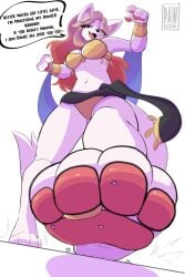 black_skirt bracelet crushing cute dancing enjoying female foot_focus furry giantess gold_bra gold_panties macro macro_female micro micro_on_macro open_mouth p4wsized pawpads ring text white_fur