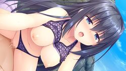 1boy akizora_momiji areolae asanokawa_sora bikini_pull black_hair black_legwear blue_eyes blush breasts breasts_out censored cowgirl_position day eyebrows_visible_through_hair female game_cg hataraku_otona_no_ren'ai_jijou_2 large_breasts long_hair looking_at_viewer mosaic_censoring nipples official_art open_mouth outdoors sex solo_focus straddling straight sweat tears vaginal_penetration